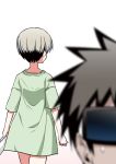  1boy 1girl black_hair blurry_foreground facing_away green_shirt grey_hair hitotose_rin sakurai_shinichi shirt short_hair simple_background spiked_hair sweatdrop towel uzaki-chan_wa_asobitai! uzaki_hana vr_visor white_background 