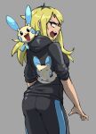  1girl blonde_hair blue_lips from_behind gingrjoke grey_background highres hood hoodie long_hair looking_at_viewer minun open_mouth pokemon pokemon_(creature) simple_background waving 