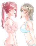  2girls :d bare_arms bare_shoulders bikini blue_eyes blush breasts brown_eyes cleavage eye_contact flower from_side hair_flower hair_ornament halterneck highres long_hair looking_at_another love_live! love_live!_sunshine!! medium_breasts multiple_girls pink_bikini pink_flower ponytail red_hair sakurauchi_riko shiny shiny_hair short_hair sideboob silver_hair simple_background smile standing swimsuit toine watanabe_you white_background white_bikini 