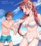  1boy 1girl abs braid breasts brown_hair cleavage cloud commission gensou_suikoden hix_(gensou_suikoden) large_breasts long_hair male_swimwear open_mouth red_hair sakai_(motomei) skeb_commission smile swim_trunks swimsuit tengaar_(suikoden) twin_braids 