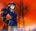  1girl adjusting_eyewear alternate_costume animal_ears belt black_belt black_jacket black_skirt breasts brown_eyes brown_hair business_suit collared_shirt commentary david_hrusa formal futatsuiwa_mamizou glasses highres jacket long_sleeves medium_breasts office_lady outdoors pantyhose pencil_skirt raccoon_ears raccoon_tail shirt skirt skirt_suit smile suit sunset tail tanuki touhou white_shirt 