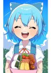  1girl :d ^_^ bangs bento blue_bow blue_hair blue_sky bow cirno closed_eyes cloud collared_shirt eyebrows_visible_through_hair facing_viewer food hair_bow miz_(mizillustration) omelet onigiri open_mouth outdoors puffy_short_sleeves puffy_sleeves shirt short_hair short_sleeves sky smile solo tamagoyaki touhou upper_body white_shirt 