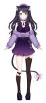  1girl animal_ears bangs bell beret blush bow cat_ears cat_girl crop_top crys_(crysillust) hat heart highres indie_virtual_youtuber off_shoulder official_art pink_bow purple_eyes purple_headwear purple_skirt purple_sweater shimotsuki_miri skirt smile solo sweater sweater_tucked_in two_side_up virtual_youtuber white_background 