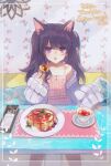  1girl :o animal_ears bangs banned_artist black_hair border cat_ears cat_girl collarbone commission cup dress english_commentary eyebrows_visible_through_hair food fork highres holding holding_fork indie_virtual_youtuber nunuko_(mu661129) off_shoulder open_mouth pancake pink_dress purple_eyes purple_sweater second-party_source shimotsuki_miri skeb_commission solo sweater teacup v-shaped_eyebrows virtual_youtuber white_border 