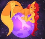  0v00w0_(artist) absurd_res anthro breasts canid canine claws feet female firefox fox globe hair hi_res legs_up long_hair looking_at_viewer lying mammal mouthless multicolored_body on_front orange_body purple_sclera red_eyes red_hair seductive solo space star toe_claws toe_curl toes yellow_body 