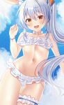  1girl :d animal_ear_fluff animal_ears bangs bikini blue_hair blue_sky blush bracelet carrot choker cloud cloudy_sky collarbone cowboy_shot day eyebrows_visible_through_hair frilled_bikini frills hair_between_eyes hair_over_shoulder hand_up highres hololive hololive_fantasy jewelry leg_garter long_hair looking_at_viewer navel nibosi orange_eyes outdoors rabbit_ears rabbit_girl sky smile solo standing swimsuit teeth thick_eyebrows thigh_gap upper_teeth usada_pekora very_long_hair virtual_youtuber white_bikini white_choker 