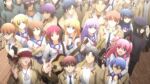  angel_beats! black_hair blue_hair breasts closed_eyes hair_between_eyes hat long_hair looking_at_viewer multiple_girls pink_hair purple_hair school_uniform screencap shinda_sekai_sensen_uniform 