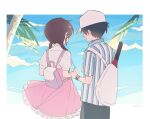  +1_(yakusoku0722) 1boy 1girl backpack bag black_hair braid brown_hair cloud couple dress echizen_ryooma flower frilled_dress frills hair_flower hair_ornament hairclip hetero highres long_hair outdoors palm_tree pink_dress puffy_short_sleeves puffy_sleeves racket ryuuzaki_sakuno seishun_academy_uniform shirt short_hair short_sleeves standing striped striped_shirt tennis_no_ouji-sama tennis_racket tree twin_braids upper_body white_shirt 