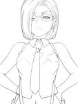  1girl android_18 breasts closed_mouth dragon_ball dragon_ball_z earrings glasses hairu jewelry looking_at_viewer lowres monochrome navel necktie short_hair simple_background solo suspenders white_background 