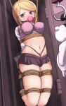  1girl absurdres ahoge akamatsu_kaede arms_behind_back bangs bdsm black_legwear black_skirt blonde_hair bondage bound bound_arms breast_bondage breasts crotch_rope danganronpa_(series) danganronpa_v3:_killing_harmony dankestofdans gagged hair_ornament highres kneehighs large_breasts long_hair looking_at_viewer microskirt monokuma musical_note_hair_ornament navel no_shoes purple_eyes restrained rope shibari shibari_over_clothes skindentation skirt solo stomach 