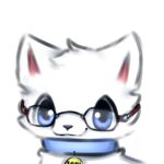 arctic_fox blue_eyes blue_sclera canid canine collar eyewear feral fluffy fox fur glasses hi_res looking_at_viewer male_(lore) mammal name_tag simple_background smile snoii_(snoiifoxxo) snoiifoxxo solo text tuft white_background white_body white_fur 