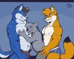  2022 absurd_res anthro anthro_on_anthro big_muscles blue_background blush bodily_fluids bulge canid canine canis clothed clothing drooling erection erection_under_clothing eyebrows fox fur group hair hand_on_chest hand_on_hip hi_res jockstrap juan_atoq male male/male mammal manwiched muscular muscular_anthro muscular_male narrowed_eyes navel nipples pec_grasp pecs saliva sandwiched signature simple_background size_difference smile standing sweat tenting trio tuft underwear wet wet_body wet_fur whiskers wolf 