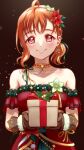  1girl absurdres ahoge bangs box brown_gloves choker christmas closed_mouth collarbone diadem dress earrings flower fur-trimmed_gloves fur_trim gem gift gift_box gloves hair_flower hair_ornament highres holding holding_box jewelry looking_at_viewer love_live! love_live!_sunshine!! off-shoulder_dress off_shoulder orange_hair red_dress red_eyes red_flower shiny shiny_hair short_hair smile solo takami_chika toine 