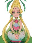  1girl agnete_(precure) blonde_hair commentary_request cure_oasis earrings eyelashes fpminnie1 hair_up happy highres jewelry long_hair looking_at_viewer magical_girl precure simple_background sketch smile solo standing tropical-rouge!_precure very_long_hair white_background wrist_cuffs 