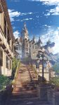  blue_sky building cloud cloudy_sky commentary commentary_request day highres lamppost no_humans original outdoors plant scenery signature sky stairs sunlight waisshu_(sougyokyuu) white_bird 