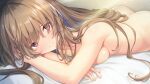  1girl ass bangs bed_sheet blush breasts brown_hair closed_mouth collarbone completely_nude crossed_arms eyebrows_visible_through_hair eyes_visible_through_hair game_cg hair_between_eyes hair_over_one_eye hibikino-san-chi_wa_eroge-ya-san! hibikino_tsumugi highres long_hair looking_at_viewer lying medium_breasts nude on_stomach red_eyes sawayaka_samehada shiny shiny_hair shiny_skin sideboob smile solo straight_hair sunlight very_long_hair 