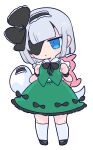  1girl black_bow black_footwear black_hairband black_neckwear black_ribbon blue_eyes bob_cut bow bowtie breasts collared_shirt dress_bow eyepatch frilled_bow frilled_hairband frills green_skirt green_vest hair_ribbon hairband highres kneehighs konpaku_youmu konpaku_youmu_(ghost) mary_janes op_na_yarou pink_bag ribbon shirt shoes short_hair short_sleeves silver_hair simple_background skirt skirt_set small_breasts socks solo touhou vest white_background white_legwear white_shirt 