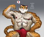  &lt;3 2022 abs anthro armpit_hair barazoku biceps big_bulge big_muscles bodily_fluids body_hair bulge clothing dialogue_box english_text eyebrows felid flexing fur gradient_background grey_background hair hand_on_hip happy_trail hi_res holidays huge_muscles looking_at_viewer male mammal muscular muscular_anthro muscular_male navel new_year nipples number obliques pantherine pecs pictographics pubes simple_background sitting smile smirk solo suck-nis sweat text thong tiger tuft underwear url vein veiny_muscles 