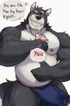 &lt;3 2022 absurd_res anthro barazoku belly big_belly big_bulge big_muscles blush bodily_fluids bulge canid canine canis clothed clothing dialogue disembodied_hand english_text erection erection_under_clothing eyebrows fur genital_fluids hand_on_chest hi_res leaking_precum looking_at_viewer male mammal musclegut muscular muscular_anthro muscular_male narrowed_eyes nipples overweight overweight_anthro overweight_male pecs precum precum_through_clothing precum_through_underwear raised_eyebrow simple_background smile solo standing talking_to_viewer teeth tenting text thick_thighs thong topless topless_anthro topless_male tuft underwear vitashi wet wet_clothing white_background wolf wrist_grab 