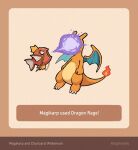  angry artist_name beam charizard clenched_hand english_text fire highres horns in_the_face magikarp no_humans plainwhite pokemon pokemon_(creature) simple_background wings 