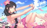  2girls absurdres arms_behind_head bangs beach beach_chair beach_umbrella bead_necklace beads bikini black_hair blue_sky bracelet breasts cloud cloudy_sky commentary earrings eyebrows_visible_through_hair facial_mark fate/grand_order fate_(series) fingernails flower forehead_mark forehead_tattoo hair_flower hair_ornament hair_ribbon high_heels highres jewelry kama_(fate) kibou large_breasts long_braid looking_at_viewer lying multicolored_hair multiple_girls nail_polish necklace on_back on_ground outdoors parted_bangs parted_lips pearl_bracelet pearl_earrings pearl_necklace petals pink_bikini pink_flower pink_hair pink_nails pink_ribbon pink_sarong ribbon sandals seashell sesshouin_kiara sesshouin_kiara_(swimsuit_mooncancer)_(fate) shell shell_necklace sidelocks sitting sky smile streaked_hair sunglasses swimsuit teeth umbrella water white_bikini white_footwear 