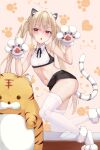  1girl :o animal_ear_fluff animal_ears animal_hands bangs black_bow black_bowtie black_shorts blonde_hair blush bow bowtie chucolala claw_pose crop_top extra_ears eyebrows_visible_through_hair fang full_body gloves hair_between_eyes hair_over_shoulder heart heart_background highres jawr8473 kneeling long_hair looking_at_viewer navel paw_gloves paw_print paw_print_background paw_shoes red_eyes short_shorts shorts simple_background skin_fang solo suzumiya_rin tail tail_raised thighhighs tiger_ears tiger_tail twintails very_long_hair virtual_youtuber white_footwear white_gloves white_legwear 