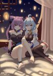  2girls absurdres ahoge anklet barefoot bed_sheet bedroom blue_hair feet full_body ganyu_(genshin_impact) genshin_impact highres horns jewelry keqing_(genshin_impact) keqing_(opulent_splendor)_(genshin_impact) looking_at_viewer multiple_girls night no_shoes on_bed purple_eyes purple_hair ricky_(mnfy4277) smile soles thighhighs toeless_legwear toes 