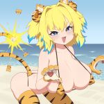  +_+ 1girl absurdres animal_ears bare_shoulders bikini blonde_hair blue_eyes blue_hair blush bombergirl breasts collarbone cromachina highres huge_breasts multicolored_hair open_mouth pine_(bombergirl) short_hair swimsuit thighhighs thighs twintails yellow_pupils 