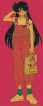  1girl arm_behind_head bag bishoujo_senshi_sailor_moon black_hair blue_eyes commentary_request earrings film_grain full_body heart highres hino_rei holding holding_bag jewelry long_hair looking_at_viewer overalls pikurusu shoes shopping_bag short_sleeves socks solo 