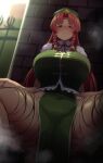  1girl bangs blurry blurry_background blush braid breasts brick_wall china_dress chinese_clothes closed_mouth depth_of_field dress eyebrows_behind_hair feet_out_of_frame from_below gate gomeifuku green_dress green_eyes hat hat_ornament highres hong_meiling large_breasts leg_ribbon looking_at_viewer nose_blush puffy_short_sleeves puffy_sleeves red_hair ribbon scarlet_devil_mansion short_sleeves side_braids skindentation solo spread_legs star_(symbol) star_hat_ornament thick_thighs thighs touhou twin_braids wing_collar 