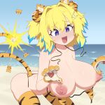  +_+ 1girl absurdres animal_ears bare_shoulders bikini blonde_hair blue_eyes blue_hair blush bombergirl breasts collarbone cromachina highres huge_breasts multicolored_hair nipples open_mouth pine_(bombergirl) short_hair swimsuit thighhighs thighs twintails yellow_pupils 