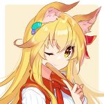  1girl ;) animal_ear_fluff animal_ears bangs blonde_hair blouse closed_fan eyebrows_visible_through_hair fan_hair_ornament fan_to_mouth folding_fan fox_ears fox_girl hair_between_eyes hand_fan hand_up hisana holding holding_fan long_hair looking_at_viewer nail_polish one_eye_closed orange_nails original portrait shiny shiny_hair simple_background smile solo white_blouse yellow_eyes 