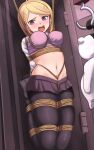  1girl absurdres ahoge akamatsu_kaede arms_behind_back bangs bdsm black_legwear black_skirt blonde_hair bondage bound bound_arms breast_bondage breasts crotch_rope danganronpa_(series) danganronpa_v3:_killing_harmony dankestofdans hair_ornament highres large_breasts long_hair looking_at_viewer microskirt monokuma musical_note_hair_ornament navel no_shoes pantyhose purple_eyes restrained rope shibari shibari_over_clothes skindentation skirt solo stomach 