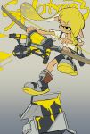  1girl asymmetrical_hair bangs bike_shorts black_shorts blonde_hair blunt_bangs boots bow_(weapon) braid domino_mask highres inkling leg_up long_hair mask moa_(fade64222) pointy_ears shirt shoot shorts side_braid single_vertical_stripe smile solo splatoon_(series) splatoon_3 standing standing_on_one_leg tentacle_hair tentacles weapon white_shirt yellow_eyes 