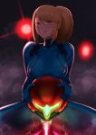  1girl bangs blonde_hair blue_bodysuit blue_eyes blush bodysuit breasts censored claws clenched_teeth commentary covered_nipples dark dark_background drooling e.m.m.i._(metroid) eyebrows_visible_through_hair furrowed_brow glowing glowing_eye glowing_headgear hair_between_eyes headwear_removed helmet helmet_removed highres holding holding_helmet lips lipstick long_hair makeup medium_breasts metroid metroid_dread mole mole_under_mouth mosaic_censoring motion_lines object_insertion ponytail pussy pussy_juice red_lips robot rolling_eyes saliva samus_aran sawasa sex_machine shade sidelocks signature skin_tight solo_focus spread_legs sweatdrop swept_bangs teeth thick_thighs thighs torn_bodysuit torn_clothes vaginal vaginal_object_insertion zero_suit 