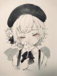  beret black_ribbon blush bow closed_eyes flower hair_ornament happy_tears hat hatoba_tsugu holding holding_flower mole mole_under_eye painting_(medium) ribbon rose sabusupi shirt short_hair smile suspenders tearing_up tears traditional_media tsugu_(vtuber) virtual_youtuber watercolor_(medium) white_shirt 