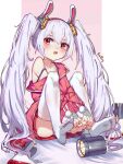  1girl absurdres animal_ears arms_between_legs azur_lane bangs bei_hua blush character_name collarbone english_commentary fake_animal_ears feet full_body hairband highres jacket knees_up laffey_(azur_lane) light_purple_hair long_hair looking_at_viewer open_mouth pink_jacket pleated_skirt rabbit_ears red_eyes red_skirt shoes shoes_removed sidelocks sitting skirt soles solo spaghetti_strap strap_slip thighhighs toes twintails very_long_hair white_legwear 