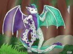  absurd_res detailed_background dragon fluffy forest forest_background green_eyes green_hair hair hi_res kvnpoulsen male nature nature_background plant purple_eyes purple_hair solo tree white_body wings 