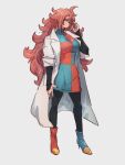  1girl android_21 asymmetrical_footwear blue_eyes blue_footwear boots breasts closed_mouth dragon_ball dragon_ball_fighterz earrings full_body glasses grey_background hoop_earrings jewelry kemachiku labcoat long_hair looking_at_viewer medium_breasts mismatched_footwear red_footwear red_hair simple_background solo standing 