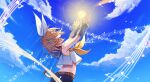  1girl absurdres arched_back armpits arms_up bare_shoulders beamed_eighth_notes beamed_sixteenth_notes blonde_hair blue_sky bow breasts cloud crop_top detached_sleeves eighth_note floating_hair glowing hair_bow hair_ornament hairclip half_note headphones headset highres inu8neko kagamine_rin musical_note neckerchief open_mouth quarter_note reaching sailor_collar see-through_silhouette shirt short_hair shorts sixteenth_note sky sleeveless sleeveless_shirt small_breasts smile solo staff_(music) vocaloid yellow_neckerchief 