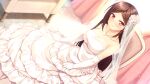  1girl akizora_momiji bangs blush breasts bridal_veil brown_eyes brown_hair cleavage closed_mouth collarbone dress elbow_gloves flower game_cg gloves hair_flower hair_ornament hataraku_otona_no_ren&#039;ai_jijou_2 indoors jewelry large_breasts layered_dress long_dress long_hair looking_at_viewer necklace parted_bangs rose seto_rikako shiny shiny_hair sitting smile solo strapless strapless_dress veil very_long_hair wedding_dress white_dress white_flower white_gloves white_rose 