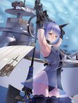  1girl air_bubble armpits arms_up azur_lane black_legwear black_leotard blue_hair breasts bubble detached_wings dress gascogne_(azur_lane) gauntlets headgear highres holding holding_polearm holding_weapon leotard looking_at_viewer mechanical_halo mechanical_wings medium_breasts polearm rigging see-through_dress short_hair sleeveless sleeveless_dress solo syu.mu thighhighs two-tone_dress weapon wings yellow_eyes zettai_ryouiki 