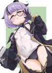  1girl adjusting_eyewear azur_lane bangs bearn_(azur_lane) blue_jacket blunt_bangs book breasts cameltoe covered_navel covered_nipples dutch_angle eyebrows_visible_through_hair from_below highres holding holding_book jacket light_purple_hair looking_at_viewer monocle multicolored_hair narrowed_eyes purple_eyes purple_hair robokumodoki short_hair small_breasts solo streaked_hair sweatdrop thigh_gap thighs 