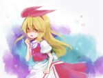  1girl apron back_bow bangs blonde_hair bow breasts buttons commentary_request ellen_(touhou) hair_bow hairband hko long_hair open_mouth puffy_short_sleeves puffy_sleeves red_bow red_hairband red_skirt red_vest shirt short_sleeves skirt small_breasts touhou touhou_(pc-98) turtleneck vest waist_apron white_apron white_bow white_shirt yellow_eyes 