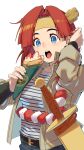  1girl bangs belt blue_eyes crepe earrings food fruit ghost_sweeper_mikami headband highres holding holding_food jewelry open_mouth parted_bangs red_hair sheath shiomiya_iruka shirt short_hair shoryuki solo strawberry striped striped_shirt sword teeth upper_body weapon white_background 