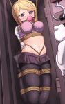  1girl absurdres ahoge akamatsu_kaede arms_behind_back ball_gag bangs bdsm black_legwear black_skirt blonde_hair bondage bound bound_arms breast_bondage breasts crotch_rope danganronpa_(series) danganronpa_v3:_killing_harmony dankestofdans gag gagged hair_ornament highres large_breasts long_hair looking_at_viewer microskirt monokuma musical_note_hair_ornament navel no_shoes pantyhose purple_eyes restrained rope shibari shibari_over_clothes skindentation skirt solo stomach 