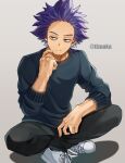  1boy arm_rest bags_under_eyes bangs black_pants boku_no_hero_academia drop_shadow expressionless facing_viewer hand_up highres indian_style male_focus messy_hair pants purple_eyes purple_hair scratching_cheek shinsou_hitoshi shoes short_hair simple_background sitting sleeves_pushed_up sneakers solo spiked_hair sweater tonbanlove twitter_username white_footwear 