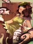  1girl absurdres animal_ears beekan bottle breasts brown_hair brown_skirt commentary_request futatsuiwa_mamizou glasses green_shirt highres leaf leaf_on_head medium_breasts open_mouth raccoon_tail shirt short_hair short_sleeves skirt smoke tail touhou 