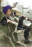  1boy bags_under_eyes bangs black_pants black_shirt blurry blurry_background blurry_foreground boku_no_hero_academia boots cityscape clenched_teeth debris depth_of_field highres male_focus messy_hair pants purple_eyes purple_hair rebar rubble scarf shinsou_hitoshi shirt short_hair sitting solo spiked_hair strap teeth tonbanlove torn_clothes twitter_username 