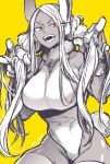  1girl animal_ears boku_no_hero_academia breasts dark-skinned_female dark_skin greyscale highres large_breasts leotard long_hair looking_at_viewer mirko monochrome open_mouth rabbit_ears rabbit_tail red_eyes simple_background solo tail takatsuki_ichi teeth thighhighs yellow_background 